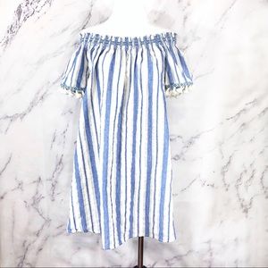 Umgee Blue Stripe Off Shoulder Tassel Sleeve Dress